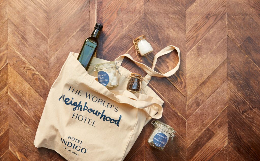 A bag containing items on offer as part of the Borrowed by Hotel Indigo campaign